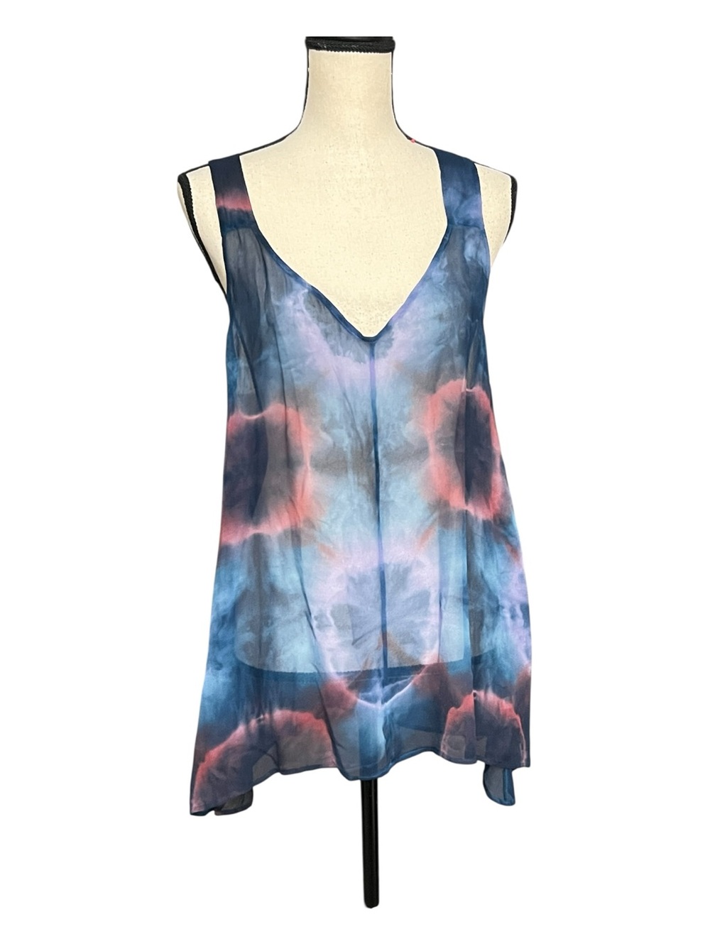 The Refinery Tie-Dye V-Neck Sleeveless 100% Silk Tank in Blue & Pink Size M
